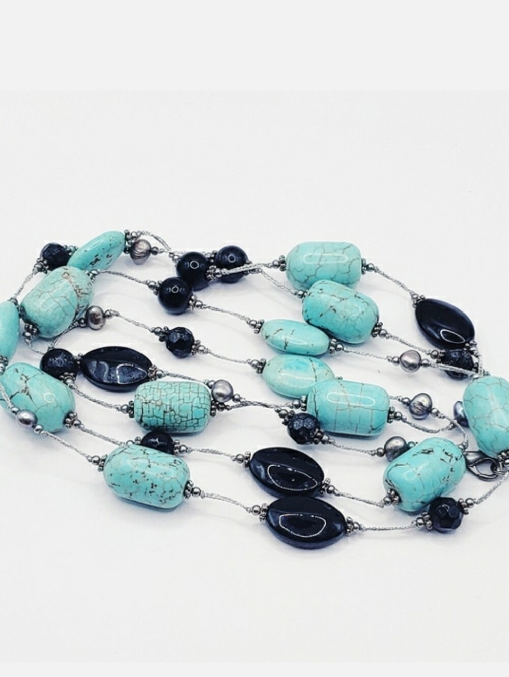 Beautiful Howlite Onyx Stone With Gray Baroque Freshwater Pearl Necklace